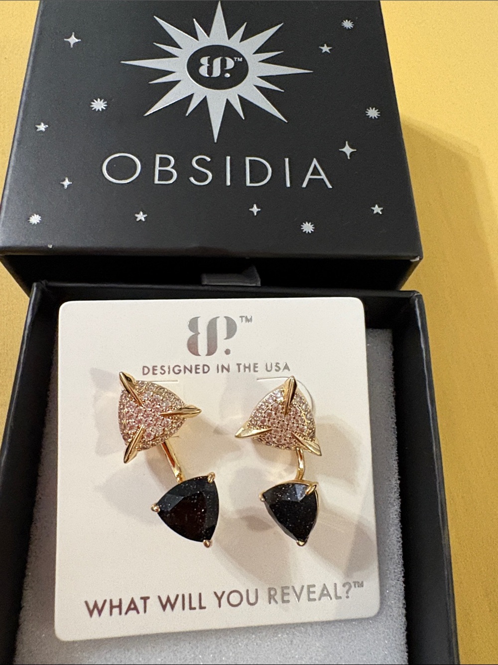 Obsidia Gold Drop Earrings with Pink Pavé and Black Stones